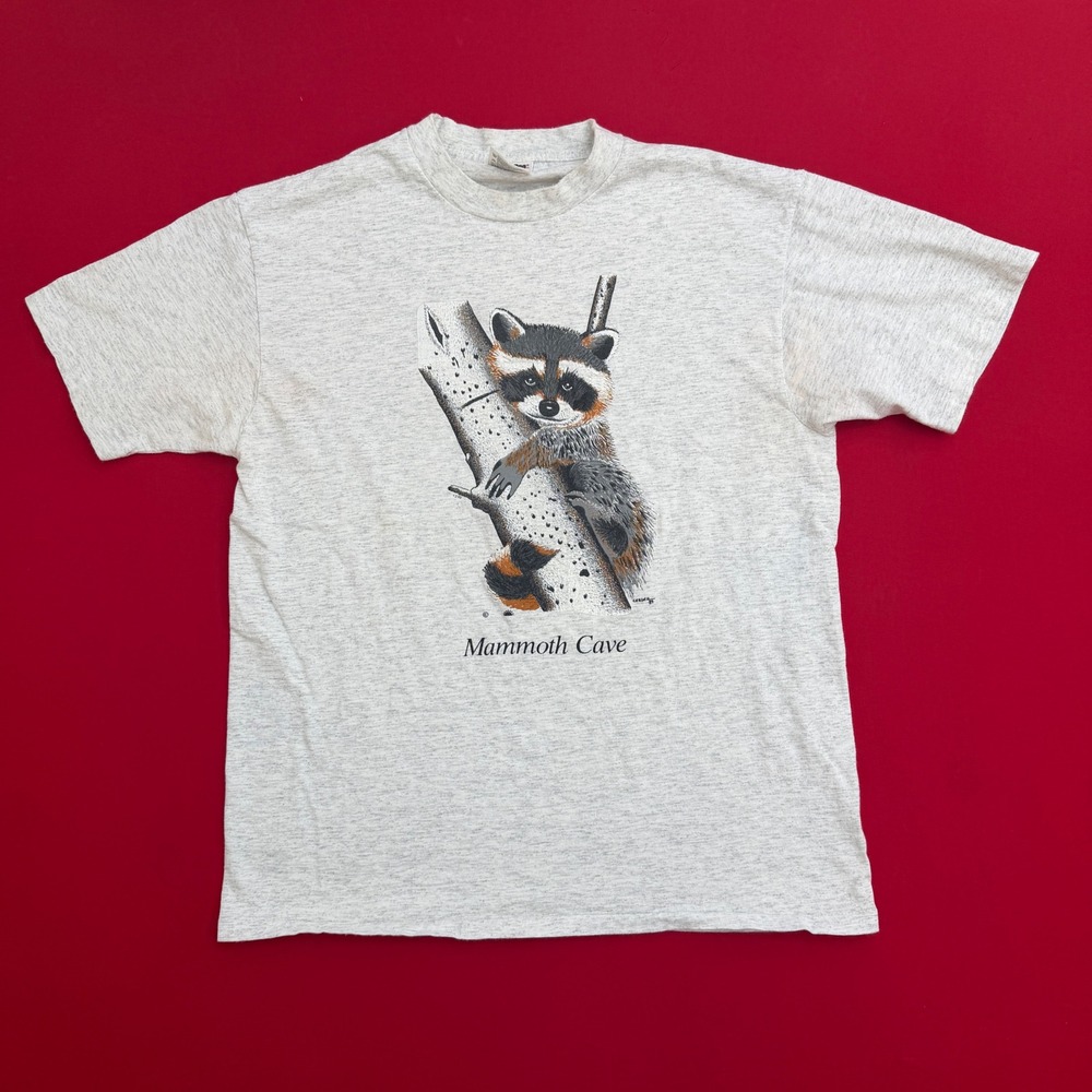 VTG 80's Mammoth Cave Raccoon T Shirt Mens Large PowerPro Oneita Gray 90s Retro